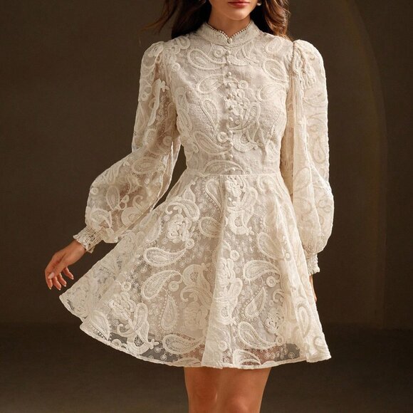 Apricot Elegant Women's Christmas Dress with Stand Collar & Floral Embroidery - Picture 5 of 9